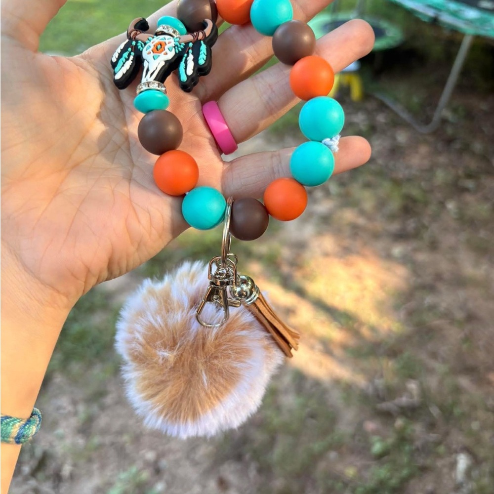Beaded Keychain with Pom Pom - Turquoise, Orange, Brown